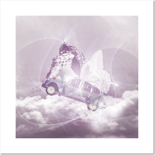 Pink Fantasy Flying Horse Car with Butterfly Fairy Wings Posters and Art